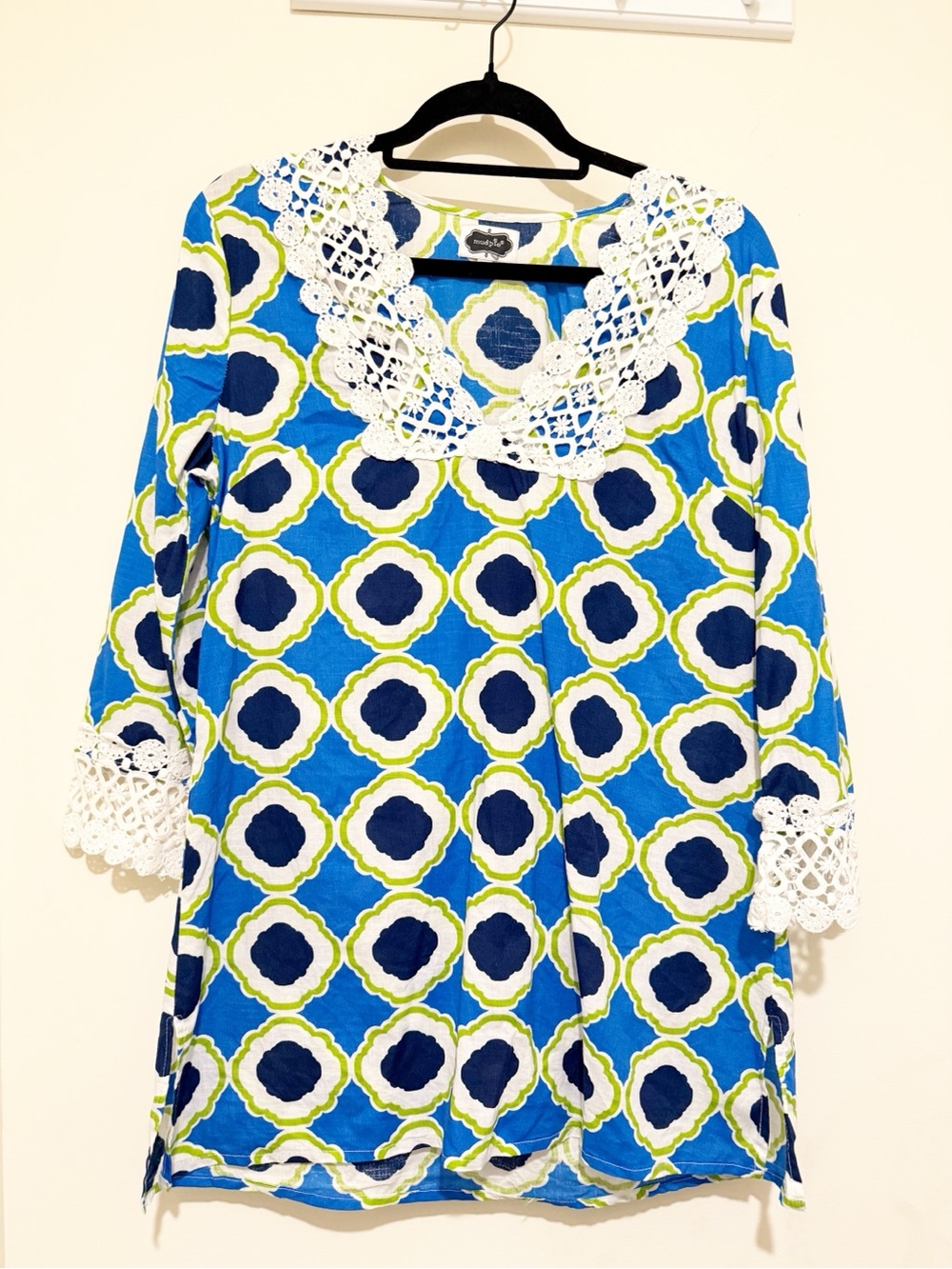 Mud Pie Blue Geometric Dress with White Lace Collar